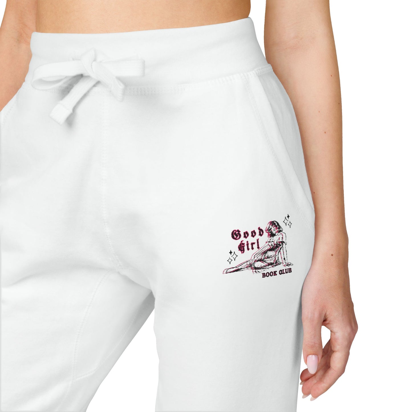 Embroidered Cozy White Fleece Sweatpants — Limited Edition Spicy Book Club l Pocket Design